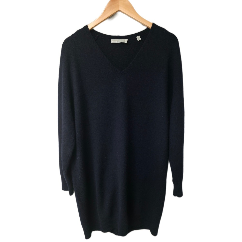 Vince Sweater Dress Women XL Navy Blue Wool Cashmere V-Neck Oversized Tunic Knit